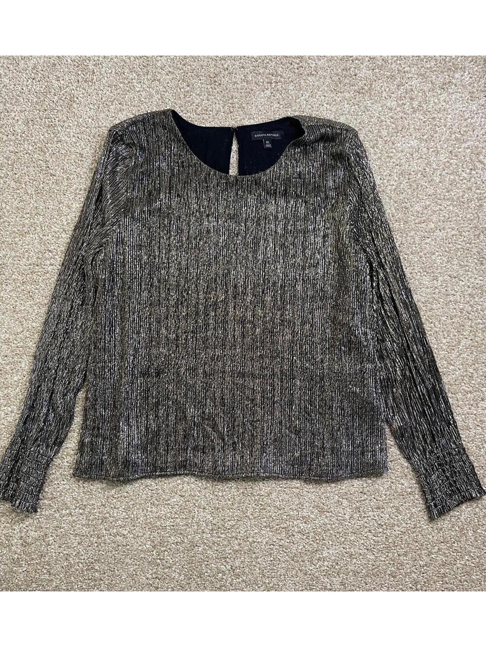 Banana Republic Blouse Womens Size XL Gold Metallic Smocked Cuff Lined‎